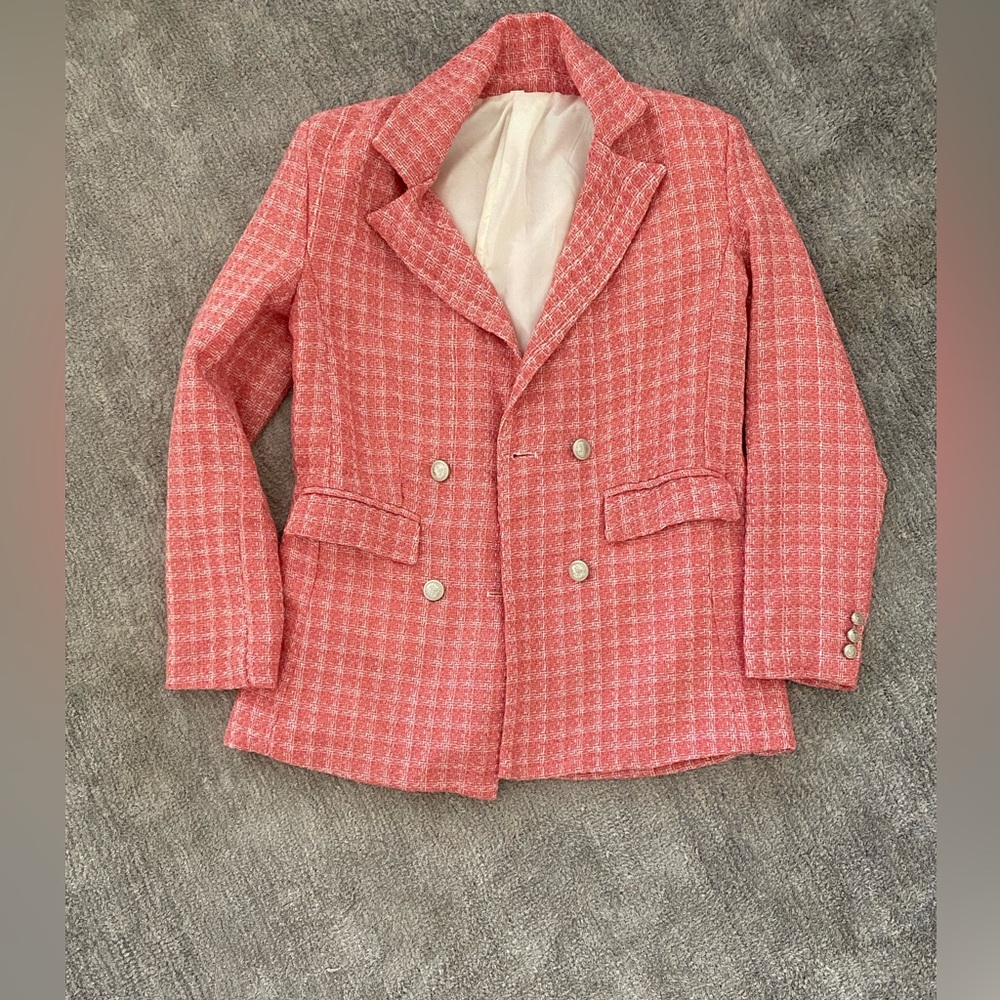 SHEIN Pink Tweed Double-Breasted Blazer